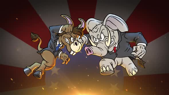 Cartoon Democrat Donkey Vs Republican Elephant Epic Fight