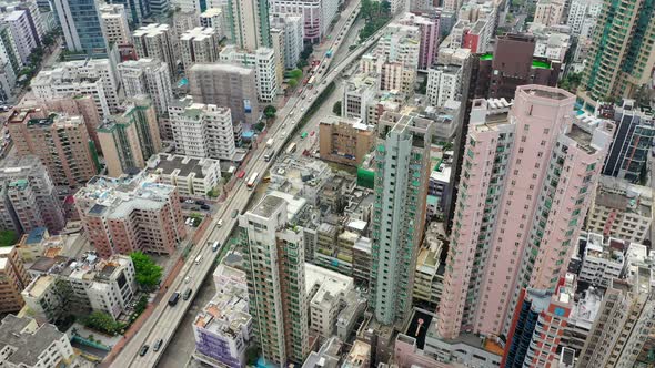 Drone fly Hong Kong city at kowloon side