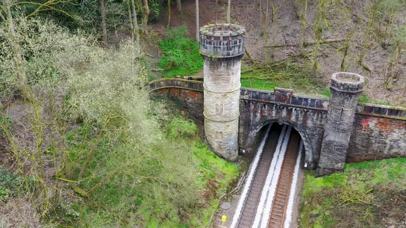 The famous Bramhope Tunnel North Portal, aerial footage Gothic castle-like portal and railway tunnel