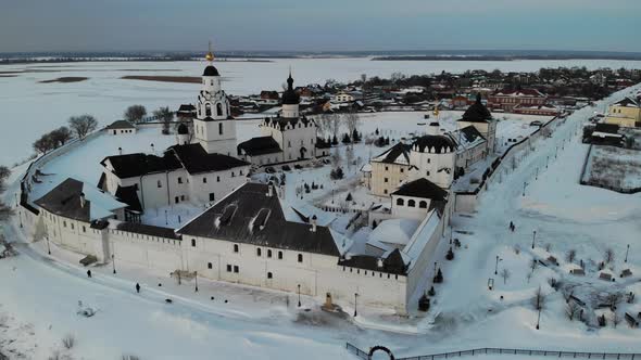 Sviyazhsk Island in Volga River at Winter Small City Village Cathedral Sunset