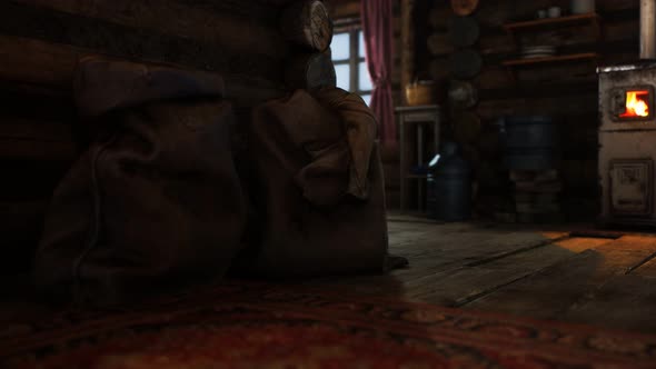 Dark Interior of Retro Log House alt