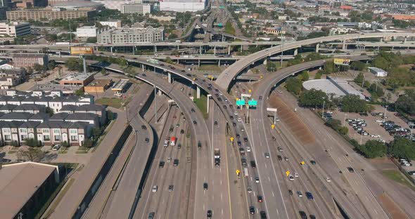 Aerial view of traffic on freeway. This video was filmed in 4k for best image quality.