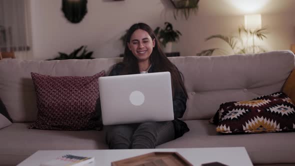 Happy Woman Communicating By Conference Call Speak Looking at Computer at Home Office, Video Chat