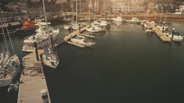 Closeup Sun Harbor Dock with Yachts Aerial