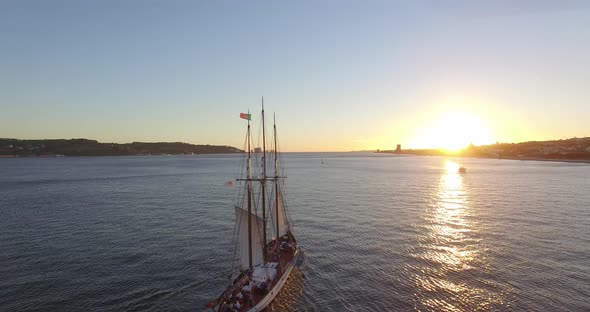 AERIAL: boat in Tagus river in Lisbon