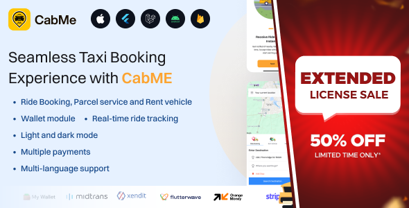 CabME – Uber Clone | Taxi Booking & Parcel Delivery Flutter App Solution