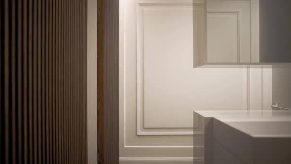 Bathroom in white minimalist style in the house with faucet and sink and mirror.