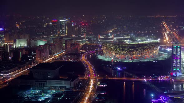 Chinese National Stadium in Beijing Olympic Park Timelapse