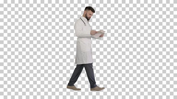 Male doctor walking and looking at cardiogram, Alpha Channel