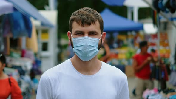 Guy in Coronavirus Face Mask Walk on Asian Market Does Pandemic Street Shopping
