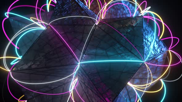 Abstract Volumetric Polygon with Connecting Neon Lines at the Corners
