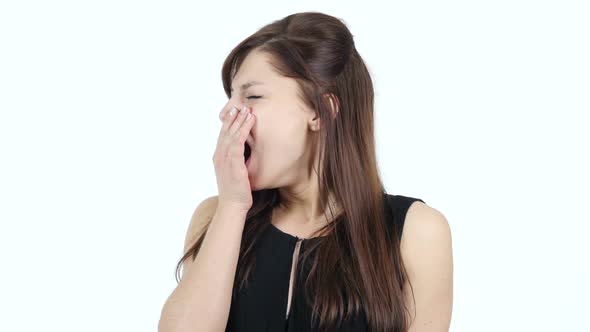 Yawning Tired Young Girl, White Background