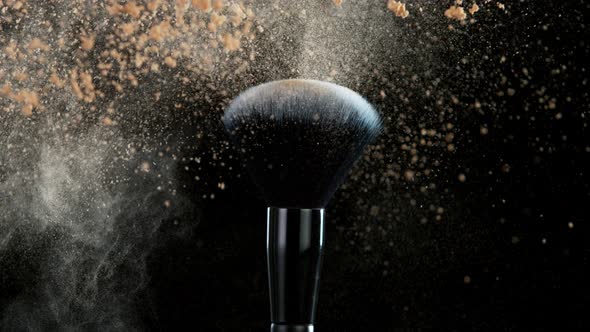 Super Slow Motion Shot of Makeup Brush and Brown Powder Shake at 1000 Fps