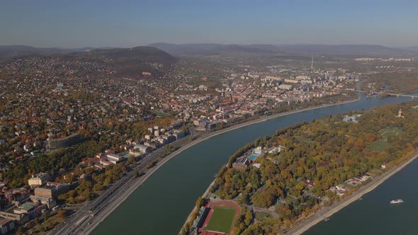 Aerial of Margaret Island and the Buda Hills of Budapest alt