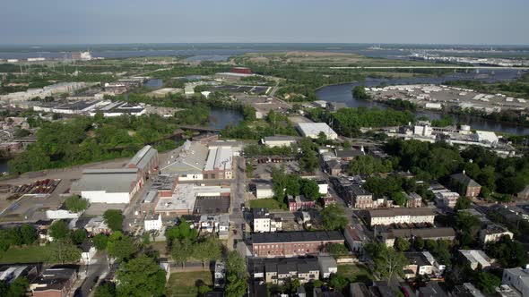 Aerial view over suburbs, towards the Christina river and Brandywine creek, summer in Wilmington, De