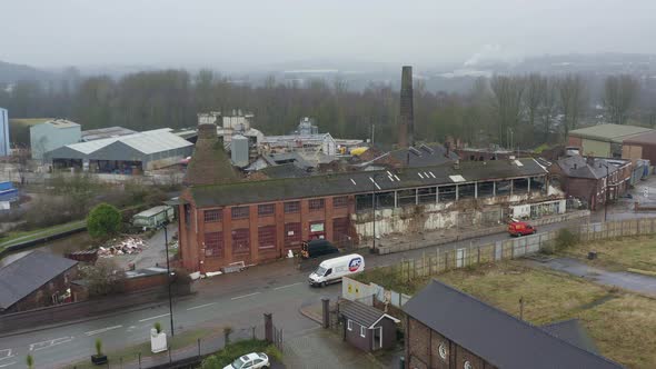 Aerial view of Kensington Pottery Works an old abandoned, derelict pottery factory and bottle kiln l