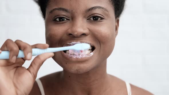 Portrait Black African American Girl Brushing Teeth Woman Looking in Camera Dentistry Stomatology