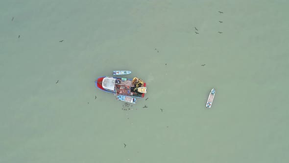 Aerial top view, circling around a fishing boat
