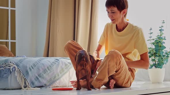 Woman Caucasian Nationality Plays with Her Small Dog Homely Cozy Bedroom House Being Near Bed