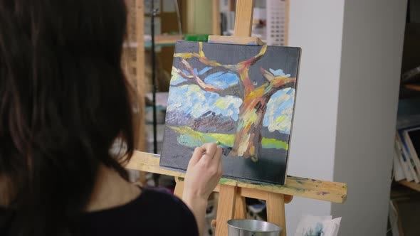 Woman Is Depicting Landscape on Canvas in Art Therapy Class View From Back