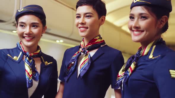 Group of Cabin Crew or Air Hostess in Airplane