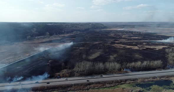 The camera flies over a burnt-out field