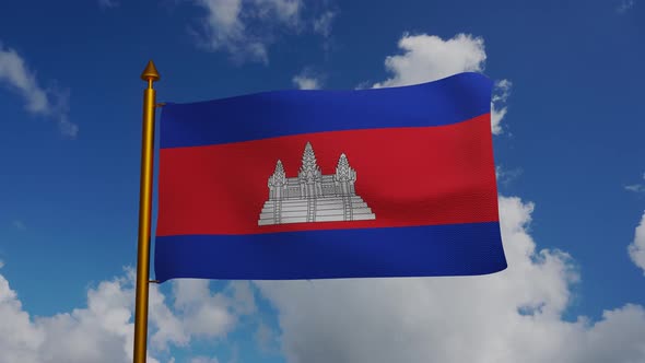 National flag of Cambodia waving with flagpole and blue sky timelapse