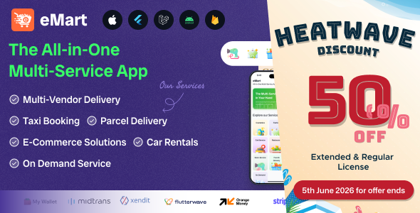 eMart | Multivendor Food, On-demand, eCommerce, Parcel, Taxi Booking, Car Rent App with Admin & Web