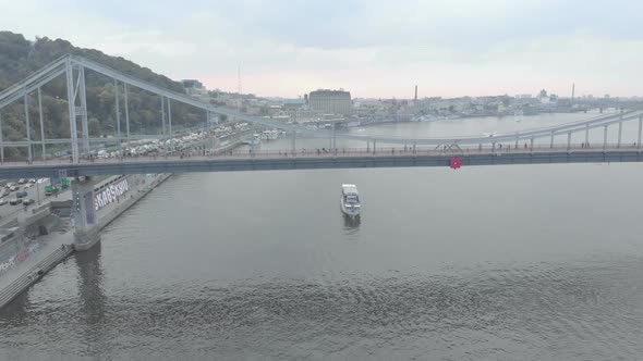 Pedestrian Bridge Over the Dnipro River in Kyiv, Ukraine. Aerial View