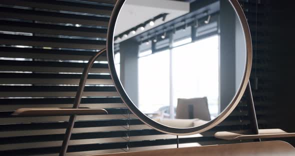 Modern Wooden Boudoir Table with Minimalist Round Mirror with Room Flowers