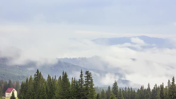 Morning Mist Over the Valley Among the Mountains in the Sunlight