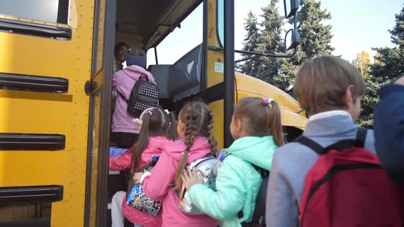 Joyful Little Schoolchildren Entering School Bus