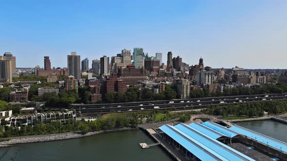 Panoramic Aerial View of Midtown Brooklyn Downtown at New York City Skyscrapers Near Hudson River