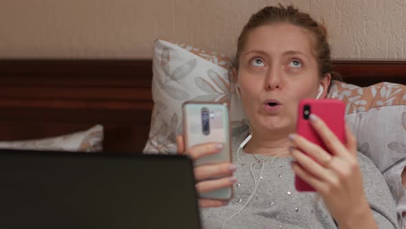 Woman Calling Two Smartphones Laptop