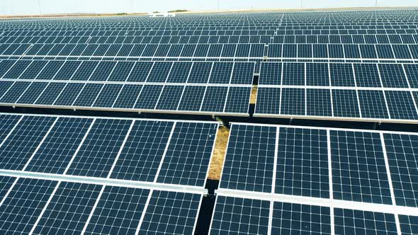 Cells of Solar Panels Set Up Into Rows on a Field. Modern Solar Panels, Ecological Friendly Energy