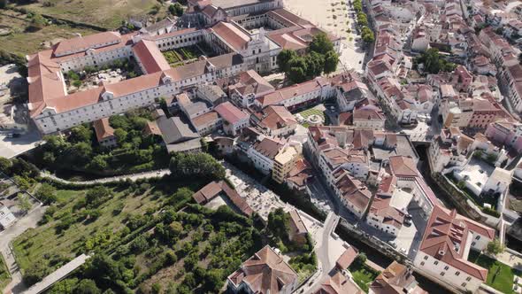 Panoramic view of Alcobaça Monastery and surrounding cityscape, Portugal. Aerial view