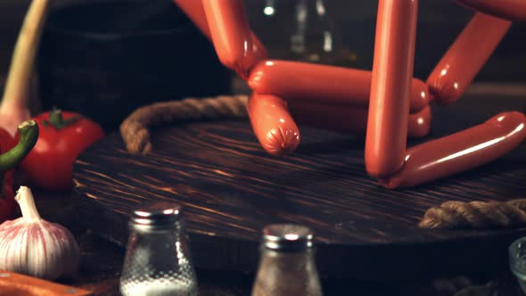 Super Slow Motion on a Wooden Tray Falls a Bunch of Sausages