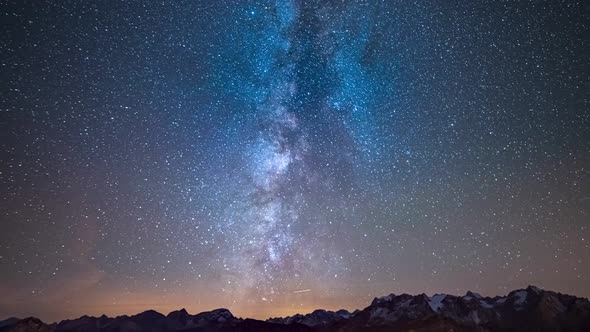 Time Lapse of the Milky way and the starry sky rotating over the majestic Alps