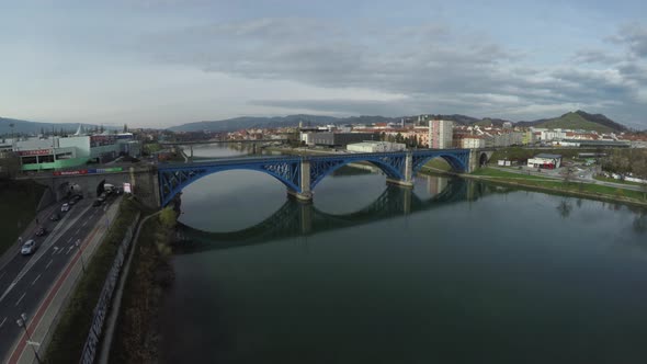 Aerial view of Drava River and the Blue Bridge