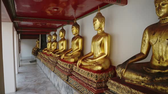 Gold Buddha Statue in Bangkok, Thailand, Lots of Buddhist Statues in a Row at Beautiful Temple for B