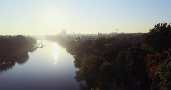 Drone shot of Regensburg and the old town in golden October