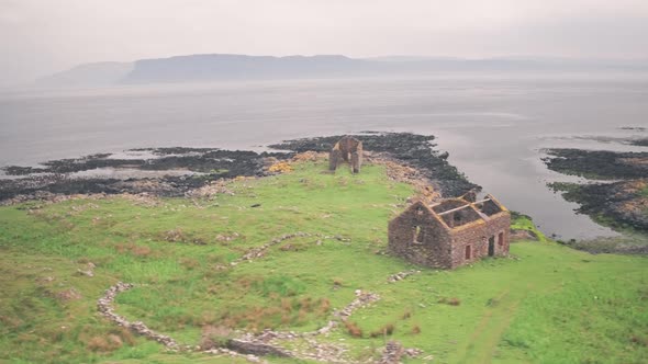 Ruins on Rathlin Island, Antrim Coast, Northern Ireland. Aerial drone view