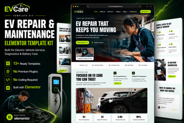 EVcare – Electric Car Service & EV Repair Elementor Template Kit
