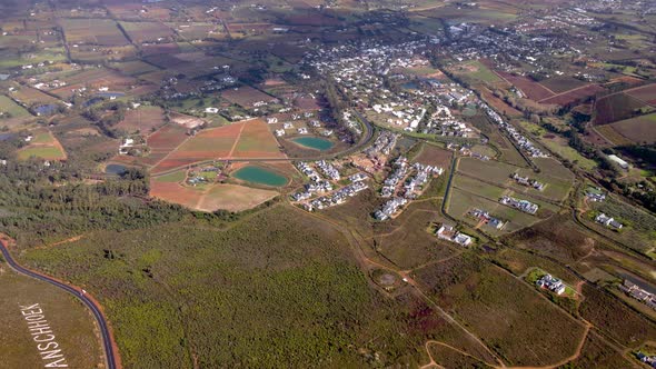 Franschhoek valley in gorgeous rural landscape; high altitude aerial