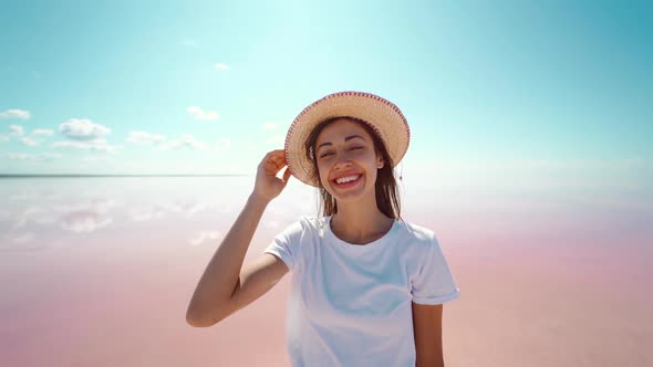 Clouseup Summer Colorful Portrait Pretty Woman in Hat Happy Smiling on Pink Lake