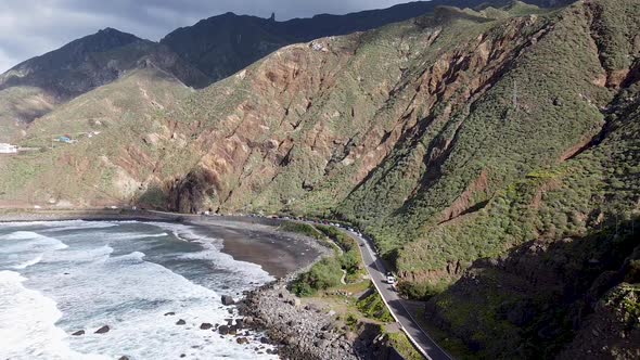 Aerial drone view of a mountainous coastline in Benjio, Parque Rural de Anaga, Northern Tenerife, th