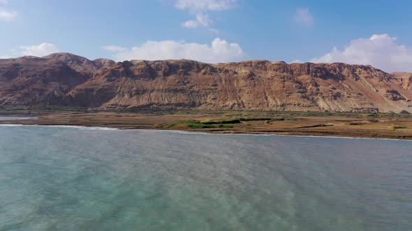 Deadsea fly over, desert flourishing after the rains, fly over, red mountain background