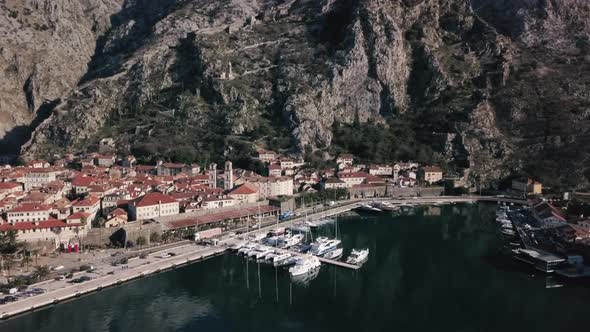 Aerial view of Kotor bay in winter time on Montenegro