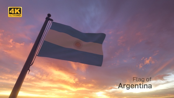 Argentina Flag on a Pole with Sunset / Sunrise Sky Background - 4K