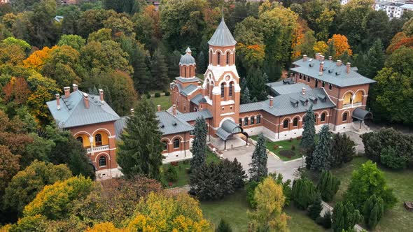 Aerial drone view of The Episcopal Church in Curtea de Arges, Romania